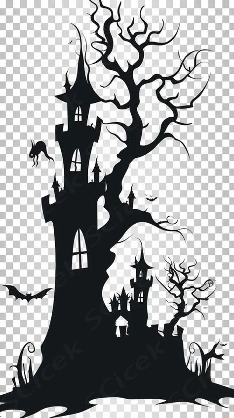 Haunted House Silhouette Art, Haunted Tree Silhouette, Halloween Silhouette Art, Haunted House Silhouette, House In Forest, Halloween Projector, Forest Svg, Haunted Tree, Bats Flying