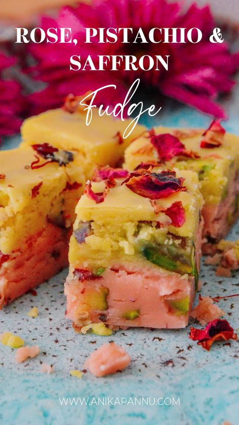 Rose, Pistachio & Saffron Fudge Indian Dessert Recipes For Party, Fusion Diwali Sweets, Easy Barfi Recipe, Easy Diwali Desserts, Indian Fusion Sweets, Diwali Dessert Ideas, Easy Diwali Sweets Recipe, Diwali Sweets Photography, Easy Sweets Recipes Indian