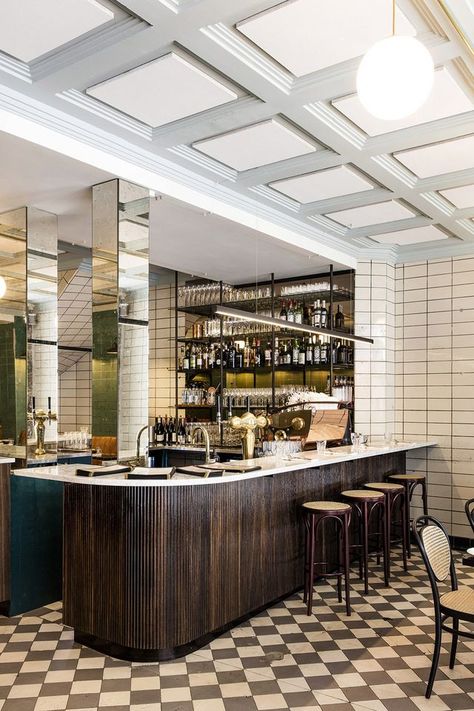 Example of walnut coloured bar front timber slats. Also an example of mirror behind built in shelves. Mirror to be tinted smoke colour Bistro Interior, Leather Couches, Kitchen Bar Design, Bar In Casa, Marble Bar, Retail Inspiration, Counter Design, French Restaurants, Bar Interior