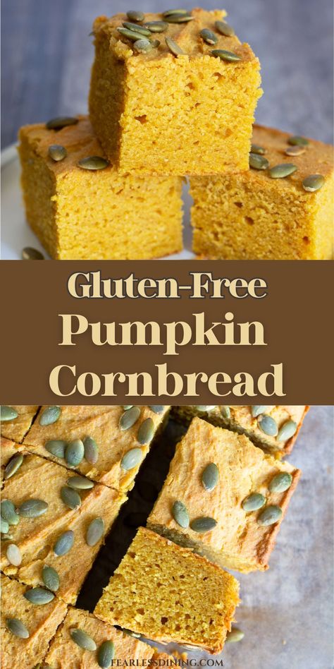 This delicious gluten free pumpkin cornbread is a great cornbread recipe to serve thoughout the fall season. It is great on Thanksgiving and nobody will know this homemade cornbread recipe is gluten free. This pumpkin cornbread has a hint of maple, bringing out the pumpkin and corn flavor. Cornbread Recipe Gluten Free, Gluten Free Cornmeal Pancakes, Pumpkin Corn Bread, Pumpkin Cornbread Recipe, Baked Cornbread, Homemade Cornbread Recipe, Pumpkin Cornbread, Best Gluten Free Bread, Corn Bread Bake