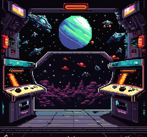 Embark on a Pixelated Space Adventure with Mysterious Alien Invaders  🎮👾 Dive into a pixelated arcade masterpiece where mysterious alien creatures invade an outer space station. Experience the thrill of retro gaming with this captivating work of art. #pixelart #spaceinvaders #retro #arcade #alieninvasion #gaming #scifi Scifi Pixel Art, Space Station Concept Art, Space Invaders Arcade, Pixel Game, Alien Invader, Retro Arcade Games, Retro Tech, Pixel Art Background, Space Adventure