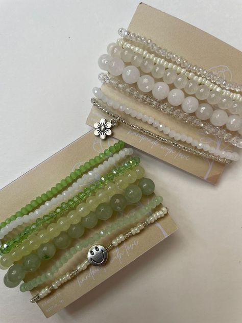 Bracelet stacks which are perfect for pairing with all your cute outfits or stack it up with your watches✨. Layered Beaded Bracelets Diy, Beaded Stacking Bracelets, Stacking Beaded Bracelets, Stackable Bracelets Beaded, Beaded Stack Bracelets, Green Bracelet Stack, Friendship Bracelet Stack Ideas, Beaded Bracelets Stack, Beaded Bracelet Stacks