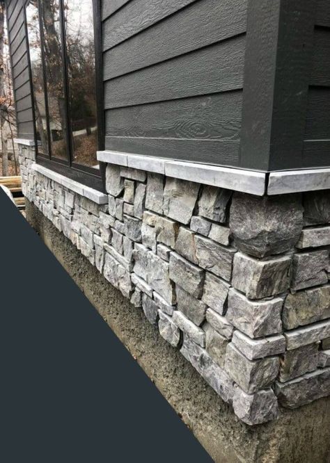 Dark Grey And Brick Exterior, Black And Cedar House Exterior With Stone, Gray Brick Skirting, Rock On Outside Of House, Dark Grey Siding With Brick, Dark Siding Light Brick, Dark Siding House Exterior Colors With Stone, Rock And Vinyl Exterior, Black Stone On House Exterior