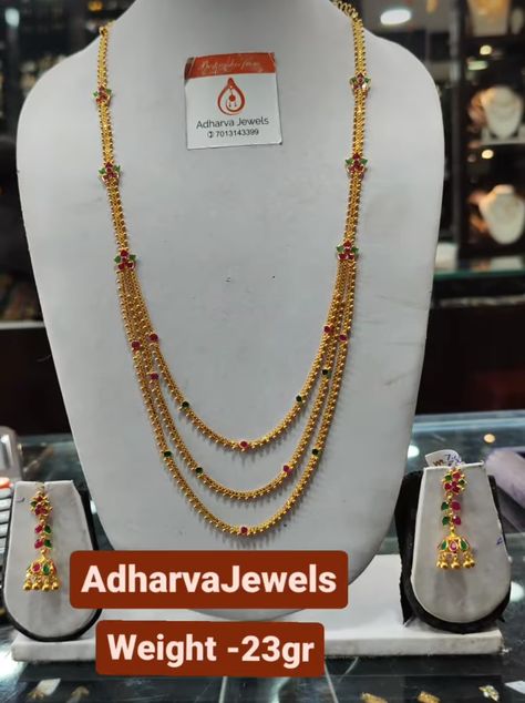 Gold Long Necklace Set New Design 2024, Chandra Haram Designs Gold, Pusthela Thadu, Long Mangalsutra Designs Gold, Chandra Haram, Lakshmi Pooja, Mango Necklace, Haram Designs, Long Haram