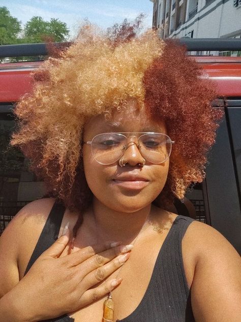 Red And Blonde Curly Hair Black Women, Multi Colored Afro Natural Hair, Ginger Mullet Black Women, Short Afro Hairstyles 4c Hair Dyed, Two Toned 4c Hair, Colorful Natural Hair For Black Women, Two Tone Natural Hair Color Black Women, Short 4c Hair Dye Ideas, Red And Blonde Natural Hair