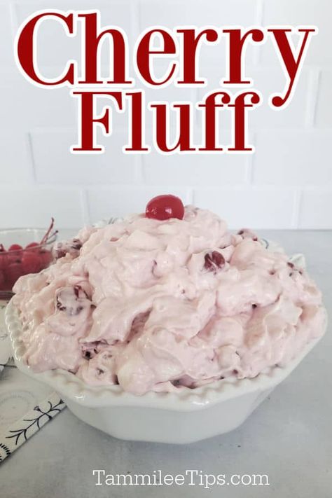 Easy Cherry Fluff Salad Recipe is a great vintage dessert recipe made with Cool whip, cherry pie filling, and crushed pineapple. This is a great no-bake dessert for Christmas, Thanksgiving, Valentine's day or any family dinner. The perfect easy dessert recipe. Cherry Pie Filling Cool Whip Dessert, Cherry Cool Whip Salad, Cherry Flip Dessert, Cherry Pie Filling Recipes Easy No Bake, Uses For Cool Whip, Cherry Pineapple Fluff, Cherry Surprise Dessert, Fluffy Salads Cool Whip, Desserts Using Cool Whip