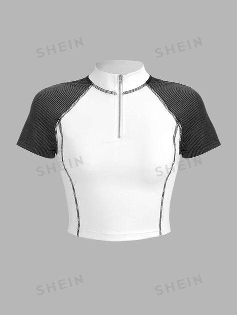 SHEIN ICON Bikercore Top-stitching Half Zip Colorblock Raglan Sleeve Crop Tee | SHEIN USA Shein Icon, Raglan Top, Women T Shirts, Top Stitching, Crop Tee, Half Zip, Fashion Online Shop, Raglan Sleeve, Online Fashion