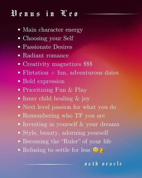 ❤️‍🔥 Venus in Leo Ooooh baby. A new Venus cycle begins tomorrow... that is initiating us to new levels of BAD N BOUGIE. Goddess of Abundance planet Venus meets passionate and prideful Leo. - Main character energy is being activated - Passions and desires are amping up - Standards are raising - And we refuse to settle for less than what our sacred Hearts truly desire. 💅🏾 ❤️‍🔥 👑 Mercury is in Leo as well, indicating that our communication, perception and mindsets are becoming more optimi... Mercury Leo, Leo Mercury, Leo Venus Aesthetic, Venus Leo, Rising Leo, Aura Colours, Black Bombshell, Glenda The Good Witch, Venus In Leo