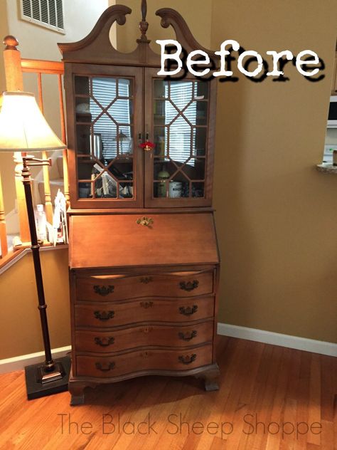 How To Price Flipped Furniture, Secretary Desk Make Over, Painting Office Furniture, Black Painted Secretary Desk, Secretary Desk Painted, Chalk Painted Secretary Desk, Vintage Secretary Desk Decor, Refinishing Secretary Desk, Secretary Desk In Living Room