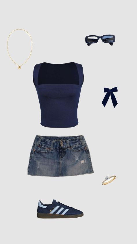 Stocklom Outfit Summer, Cute Holiday Outfits Summer, Clothes Aesthetic Collage, Outfit Collage Summer, Short Skirt And Top Outfits, Navy Summer Outfit, Navy Top Outfit, Cute Going Out Outfits, July Outfits