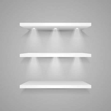 White empty display shelf with spotlight... | Free Vector #Freepik #freevector #freebackground #freemockup #freebusiness #freebook White Display Shelves, White Bedroom Accessories, White Shelves For Bedroom, White Shelfs On Wall Bedroom, Shelfs For Bedroom Wall, White Shelves Decor, Shelf Design Bedroom, White Shelves Bedroom, Wall Shelf Decor Bedroom