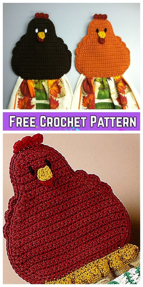 Crochet Chicken Towel Topper Free Crochet Pattern Chicken Applique Patterns, Crochet Towel Tops, Chicken Applique, Crochet Topper, Crochet Dish Towels, Crochet Towel Holders, Crochet Pot Holders Free Pattern, Crochet Towel Topper, Crochet Kitchen Towels