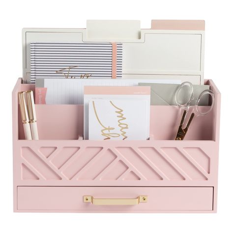 PRICES MAY VARY. Keep your workspace organized and clutter-free with this Pink wooden desk organizer. It features multiple compartments and a convenient drawer, providing ample storage for all your desk supplies and accessories. Designed to be both functional and stylish, this desk organizer is perfect for those who want to add a pop of color and a touch of elegance to their workspace. It is ideal for those who are looking for desk organizers and storage solutions or cute desk accessories to bri Pink Desk Supplies, Desk Stuff Office Accessories, Pink Desk Organization, Blush Office Decor, Pink And Gold Desk, Grey Wooden Desk, Cute Organizers, Pink Desk Decor, Blush Office