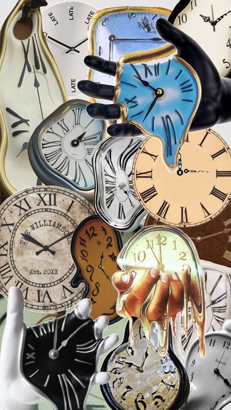 Distorted Clock, Clock Aesthetic, Aesthetic Spooky, Melting Clock, Spooky Art, Clock Wallpaper, Clock Art, Collage Making, School Art Projects