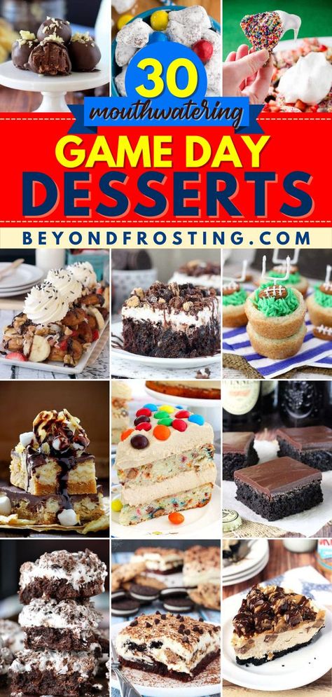 30 Mouthwatering Game Day Desserts, football party food, easy game day snacks, dessert ideas, homegating, tailgating Easy Dessert For Football Party, Game Day Food Sweets, Tailgate Food Sweets, Desserts For Tailgating Football Parties, Dessert Tailgate Ideas, Easy Football Desserts Simple, Desserts For Team Dinners, Dessert For Game Day, Tailgate Food Deserts