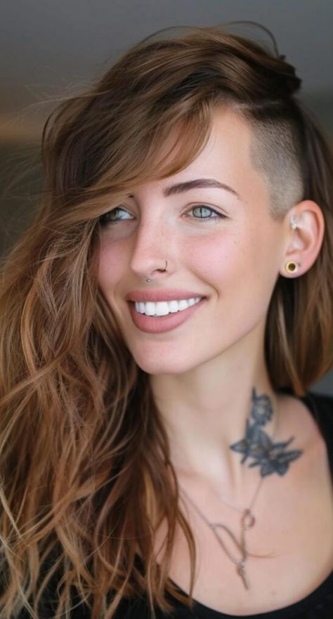 Dive into the bold world of long hair with shaved sides with these 20 exceptional hairstyles. Each style is a masterpiece of contrast, perfect for trendsetters. Side Shave Shag, Feminine Undercut Long Hair, Long Hair With Shaved Sides, Hair With Shaved Sides, Shaved Side Haircut, Long Hair Shaved Sides, Punk Haircut, Side Shaved, Relaxed Hairstyles