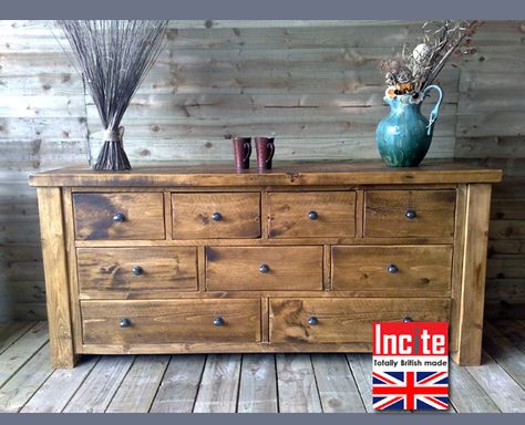 Made to Measure Handmade Rustic bedroom Chest of 9 Drawers Plank Pine By incite Interiors Of Draycott Derbyshire Living Room Chest, Pine Bedroom Furniture, Pine Wardrobe, Blue Bedroom Design, Rustic Dresser, Rustic Bedroom Furniture, Pine Chests, Bedroom Chest Of Drawers, Art Deco Bedroom