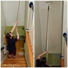 Painting Stairwell, How To Paint Stairwell, Stairwell Remodel, Basement Rooms, Basement Stairway, Ceiling Makeover, Stairwell Ideas, Douglas House, Townhouse Renovation