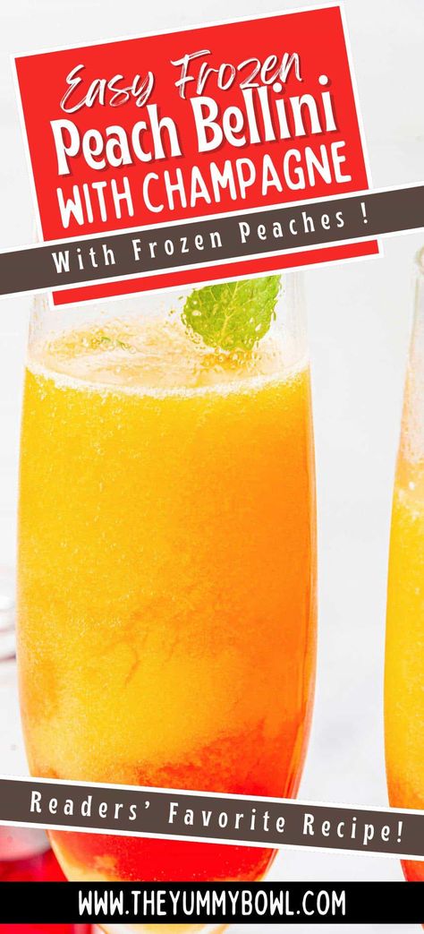 Enjoy a refreshing Frozen Peach Bellini made with ripe frozen peaches and sparkling wine. Perfect for summer parties or brunch! Frozen Peach Bellini Recipe, Peach Bellini Recipe, Frozen Peach Bellini, Pom Juice, Freezing Fruit, Bellini Recipe, Frozen Peaches, Frozen Grapes, Peach Puree