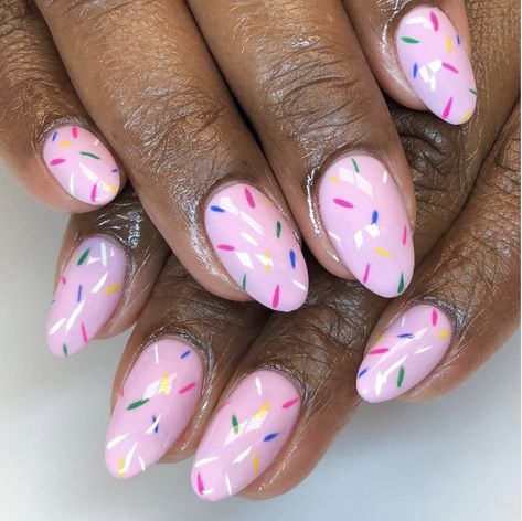 Donut Inspired Nails, Pink Nails With Sprinkles, Easter Nails For Little Kids, Kids Unicorn Nails, Ten Year Old Nail Ideas, Birthday Nails Sprinkles, Prek Teacher Nails, Cute Short Nails For Kids, Gabby Dollhouse Nails