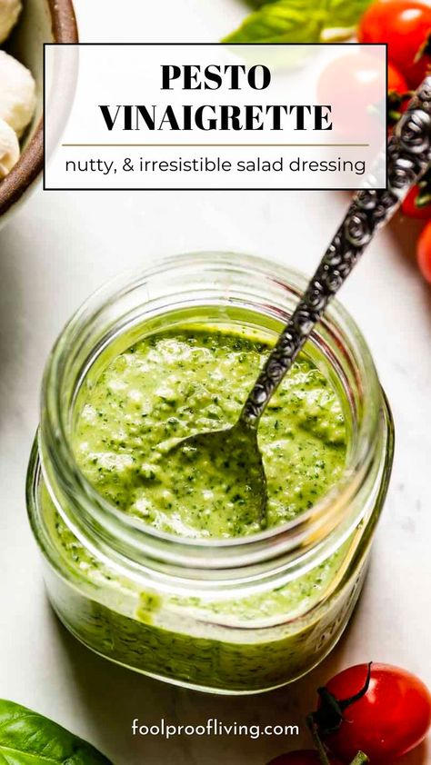 Pesto Vinaigrette in a jar. Essen, Food Processor Salad Dressing, Pesto Dressing Recipe, Pesto Salad Dressing Recipes, Vinegrette Recipes, Pesto Dressing Salad, Pesto Vinaigrette Dressing, Basil Pesto Salad, Vinegrette Recipe