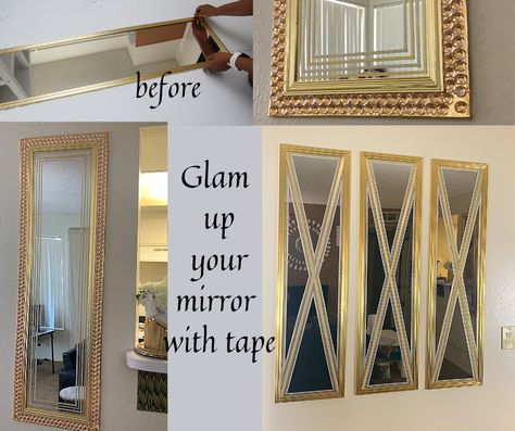 I modified this simple door mirror using craft tape to make glam wall decor pieces. Simple and easy DIY. Mirror Upgrade, Glam Wall Decor, Simple Door, Stick On Mirror, Mirror Border, Mirror Pattern, Mirror Panels, Mirrored Wall, Tape Crafts