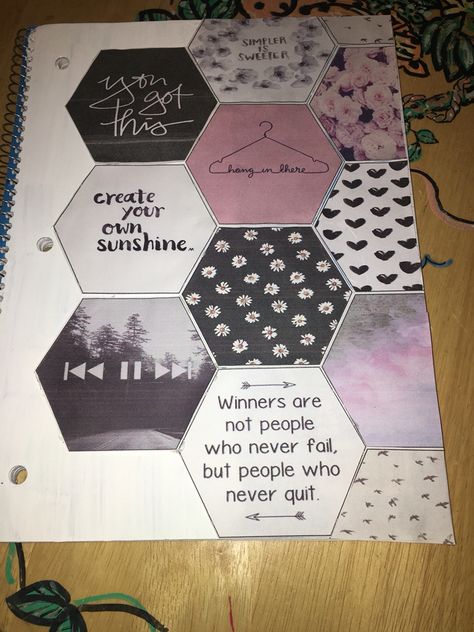 // @fluffymuffin03 // Scrapbook Covers, Hexagon Diy, Escuela Diy, Diy Notebook Cover, Beginner Scrapbooking, Notebook School, Design Scrapbook, Scrapbook Cover, Album Journal