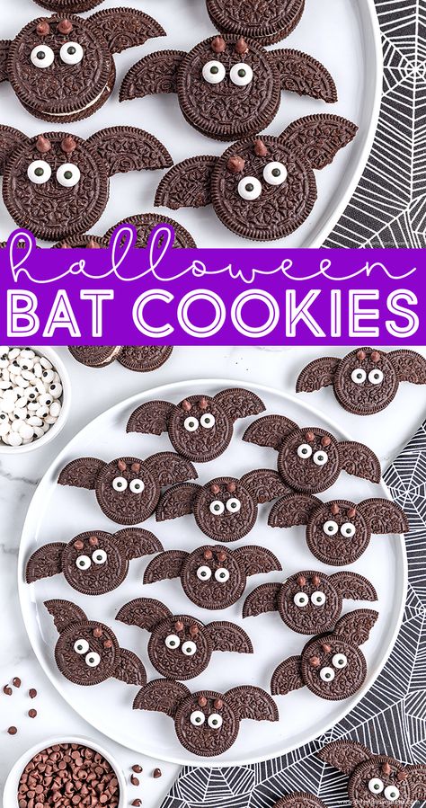 Halloween Oreo Bat Cookies | artsy-fartsy mama Halloween Oreo Treats, Halloween Bat Cookies, Bat Cookies, Oreo Dessert Easy, Halloween Classroom Treats, Halloween Themed Desserts, Halloween Themed Snacks, Halloween Finger Foods, Bats Cookies