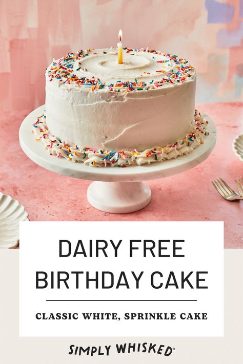 Birthdays can't be celebrated without cake, and this dairy free birthday cake is the ultimate white layer cake filled with rainbow sprinkle confetti and topped with a subtly sweet dairy free buttercream frosting. Non Dairy Birthday Cake, No Dairy Cake, Dairy Free White Cake Recipe, Dairy Free Cakes Birthday, Cake Recipes Dairy Free, Dairy Free Cake Frosting, Dairy Free Birthday Dessert, Smash Cake Dairy Free, Lactose Free Birthday Cake