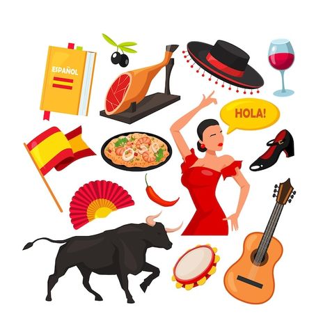 Vecteur ensemble de plus de 12 symboles ... | Premium Vector #Freepik #vector #illustration-voyage #voyage #symbole-espagne #voyage-monde Spain Doodles, Spain Drawing Easy, Spain Clipart, Spain Cartoon, Spain Geography, Spanish Illustration, Spain Illustration, Spanish Colors, Spain Images