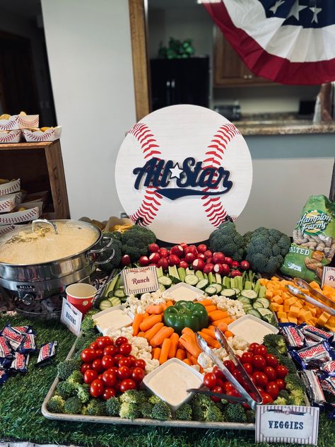 Baseball Theme First Birthday Party Food, Baseball Themed Birthday Party Food, Baseball Watch Party Food, Ballpark Theme Party Food, Baseball Nacho Bar, Rookie Of The Year Food Ideas, Baseball First Birthday Food, Baseball First Birthday Party Food, Baseball Veggie Tray