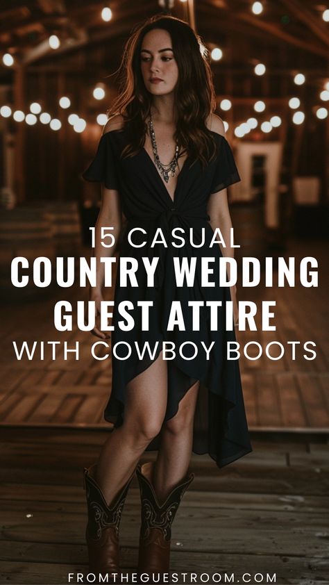 a woman wears casual wedding guest attire, western outfits Country Wedding Dresses Guest Cowboy Boots, Wedding Guest Cowgirl Outfit, Cowgirl Outfits For Wedding Guest, Western Boho Dress Outfit, Fancy Rodeo Outfit, Western Outfits Dressy With Boots, Country Glam Dress, Western Outfit For Wedding Guest, Cowgirl Glam Outfit Western Style