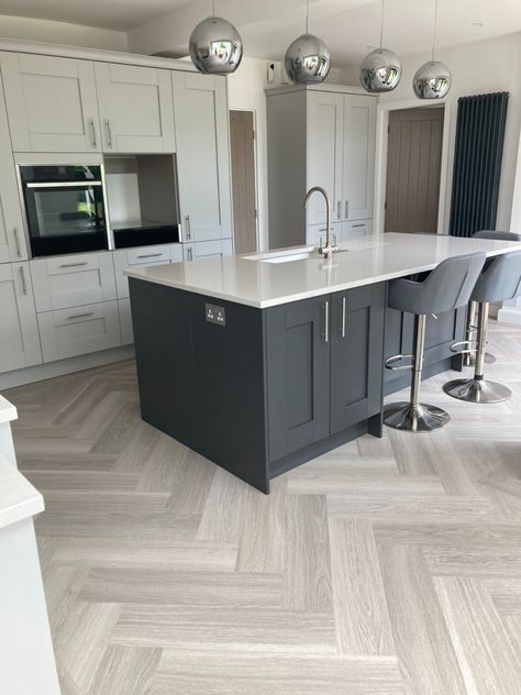 Karndean Flooring Grey Brushed Oak Large Herringbone Large Herringbone Flooring, Grey Oak Herringbone Floor, Kitchen Ideas Herringbone Floor, Grey Kitchen Herringbone Floor, Herringbone Karndean Flooring, Herringbone Wood Floor Grey, Flooring Ideas Open Plan, Chevron Flooring Kitchen, Karndean Herringbone Flooring