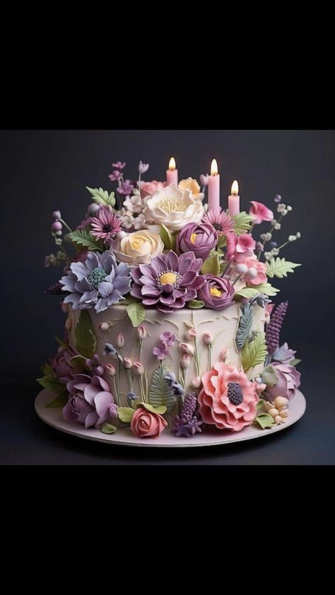 Vintage Cake Artwork, Flowered Birthday Cakes, 96th Birthday Cake, Flower Birthday Cake Kids, Vintage Tea Party Cake, Gorgeous Cakes Birthday, Womans Birthday Cake, Amazing Birthday Cakes For Women, Flower Garden Cake Ideas