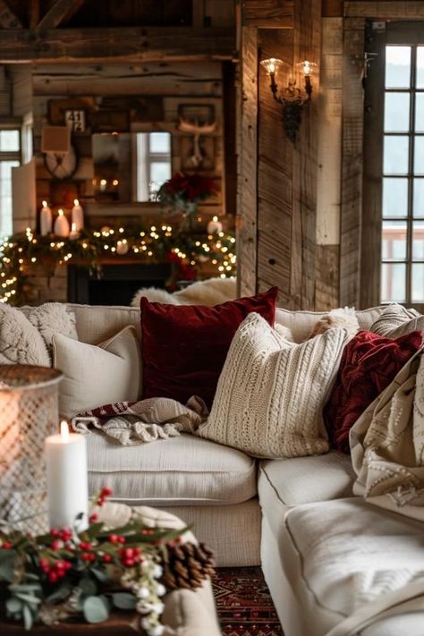 Rustic Christmas Theme Color Palettes to Try Home For Christmas Theme, Cabin Chic Christmas Decor, Winter Cabin Christmas Decorating Ideas, Rustic Christmas Tree Decorations Ideas, Christmas Chalet Decoration, Barndominium Christmas Decor, Cozy Traditional Christmas Aesthetic, Christmas Decorating Inspiration, Christmas Decor Color Palette