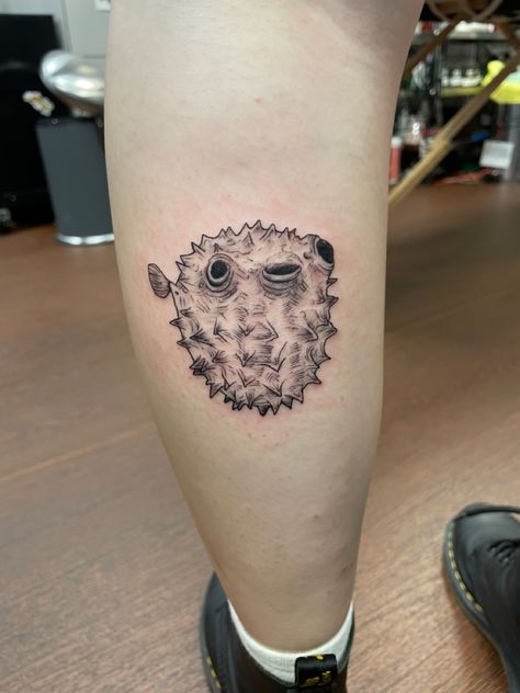 Realistic Pufferfish Tattoo on Back of Calf Blowfish Tattoo, Pufferfish Tattoo, Puffer Fish Tattoo, Japanese Puffer Fish, Sea Life Tattoo, Sea Life Tattoos, Tattoo Sea, Tattoo Fish, Tattoo Planning