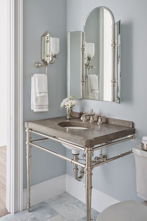 Reu Architects- Bathroom paint color is Benjamin Moore - Silver Gray. Kallista vanity sink. Silver Grey Paint, Light Blue Grey Paint, Blue Gray Paint Colors, Bathrooms Luxury, Blue Gray Paint, House Of Turquoise, Revere Pewter, Bathroom Paint Colors, Work Project