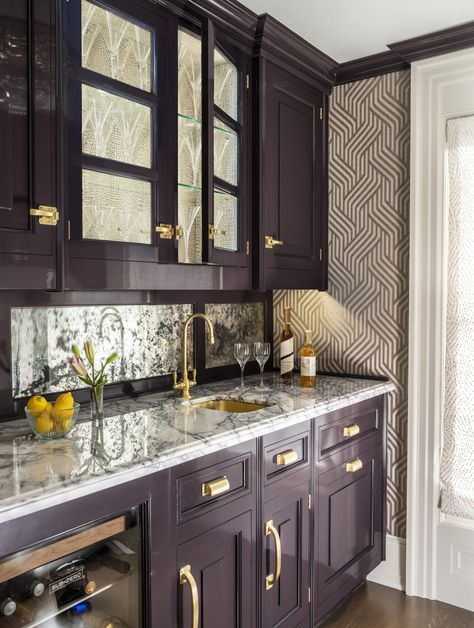 Purple Kitchen Cabinets, Modern Open Kitchen Design, Modern Open Kitchen, Christopher Peacock, Purple Cabinets, Open Kitchen Design, Purple Kitchen, Large Family Rooms, Luxe Interiors