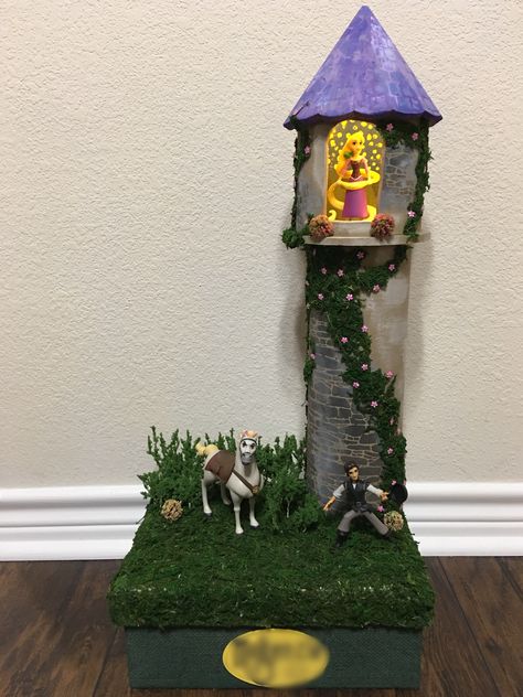 Rapunzel valentines box Rapunzel Diorama, Rapunzel Valentine Box Ideas, Encanto Valentine Box Ideas, Rapunzel Valentines, Diy Rapunzel Tower, Rapunzel Crafts, Peep Diorama, Homemade Valentine Boxes, Story Display