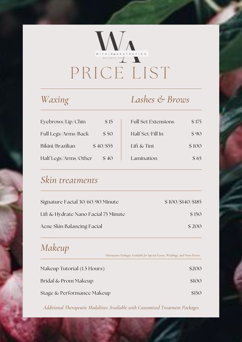 Esthetics Price List, Facials Price List, Esthetician Retail Ideas, Esthetician Business Plan Template, Esthetician Money, Esthetician Sales Ideas, Esthetician Price List Ideas, Price List Esthetician, Esthetician Services Ideas