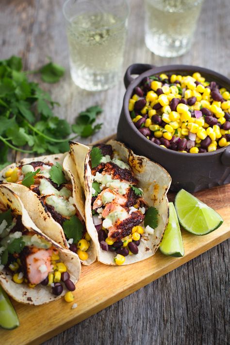 Blackened Salmon Tacos with Avocado Sauce and Black Bean & Corn Relish - Taming of the Spoon Summer Salmon Recipe, Blackened Salmon Tacos, Potato Chowder Recipes, Salmon Tacos Recipe, Tacos With Avocado, Black Bean And Corn, Corn Taco, Corn Relish, Creamy Avocado Sauce