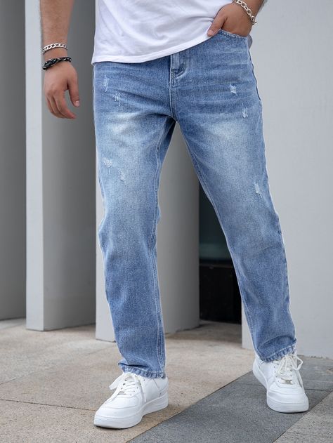 Light Wash    Denim Plain Straight Leg Embellished Non-Stretch  Men Denim Jins Pant For Man, Mens Jeans Fashion, Blue Jeans Outfit Men, Jean Top Outfits, Male Jeans, Jeans Outfit For Work, Jeans Outfit Men, Gents Kurta, Minimalist Fashion Men