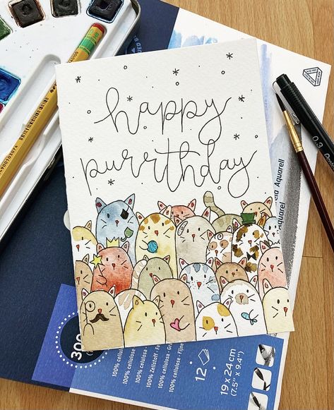 Birthday Card with Ink Liners and Aquarelle 🧡 Handmade Birthday Cards, Marker Birthday Card, Happy Birthday Aquarell, Birthday Card Puns, Artist Markers, Birthday Card Drawing, Cute Puns, Paint Cards, Card Drawing