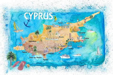 Cyprus Map, Souvenir Art, La Art, Greek Dishes, Route Map, Illustrated Map, Travel Maps, Etsy Art, Limassol