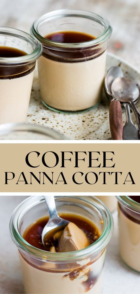 Get your coffee fix in dessert form with this coffee panna cotta. A rich and creamy dessert that looks like it belongs in a restaurant, but secretly takes only minutes to make (plus chilling time). Dessert For Restaurant, Easy Pretty Dessert, Coffee Gelatin Dessert, Coffee Dessert Ideas, Dessert Menu Ideas, Pannacotta Recipes, Panacota Recipe, Coffee Flavored Desserts, Recipes With Coffee