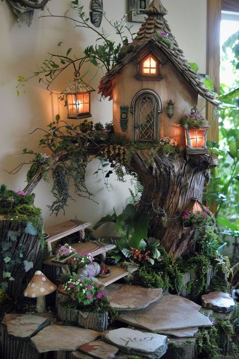 ☀️Can't Get Over How Beautiful This Decor Is Ladder For Plants, Fairy Garden Books, Garden Corner Ideas, Fairy Garden Pots, Fairy Tree Houses, Fairy House Crafts, Magical House, Fairytale House, Garden Corner