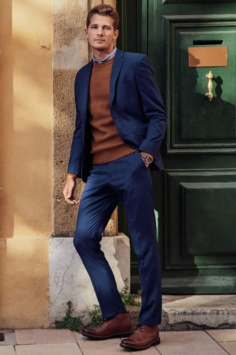 Suit And Sweater Men Outfit, Brown And Blue Suit Men, Blue And Brown Mens Outfit, Suits And Boots, Sweater With Suit Men, Navy And Brown Outfit Men, Blue And Brown Outfit Men, Blue Brown Outfit, Navy And Brown Outfit