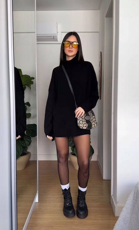 Outfit With Tights And Boots, Black Boots Mini Skirt Outfit, Professional Outfit Doc Martens, Black Polka Dot Tights Outfit, Outfit Botas Dr Martens Mujer, Winter Bbq Outfit, Black Sweater And Skirt Outfit, Black Dress And Doc Martens, Doc Martens Outfit Office