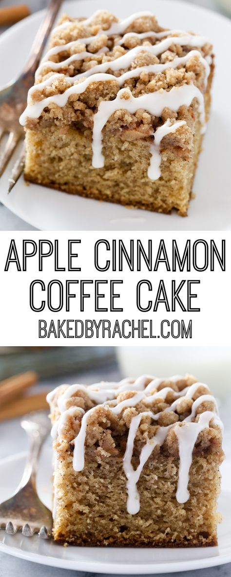 Moist homemade apple cinnamon coffee cake with brown sugar-cinnamon streusel topping and a sweet vanilla glaze recipe from @bakedbyrachel Apple Cinnamon Coffee Cake, Cinnamon Streusel Coffee Cake, Apple Muffin Recipes, Coffee Cake Recipes Easy, Apple Coffee Cakes, Chocolate Scones, Streusel Coffee Cake, Cinnamon Coffee Cake, Sour Cream Coffee Cake