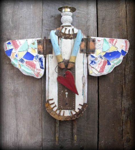 Repurposed Junk to Wall Angel Decor Repurposed Junk, Angel Decor, Junk Art, Bits And Pieces, Recycled Art, Assemblage Art, Head Shapes, Angel Art, Found Object